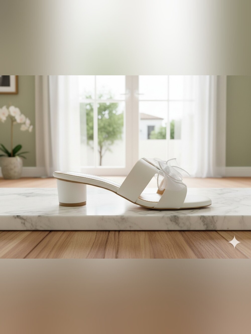 Elegant Cream Block Heel Slide with Removable Sheer Bow